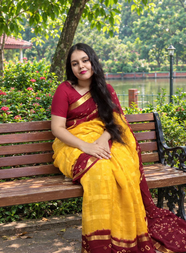 My Heart, Maiha Afrin Maya smiling in a crimson and gold saree